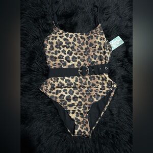Chic cheetah print small one piece bikini with adjustable black belt and buckle